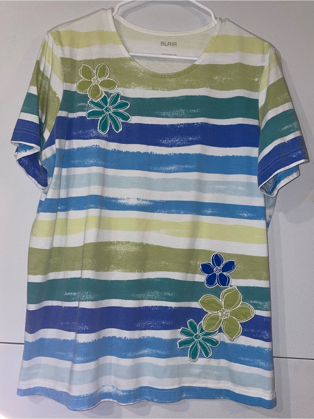 Blair Striped Pull Over Top with Floral Appliqué - Blue, Green, White